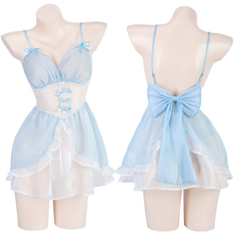 Fairy Blue Maid V-neck Slip Lingerie Dress Stockings Set modakawa