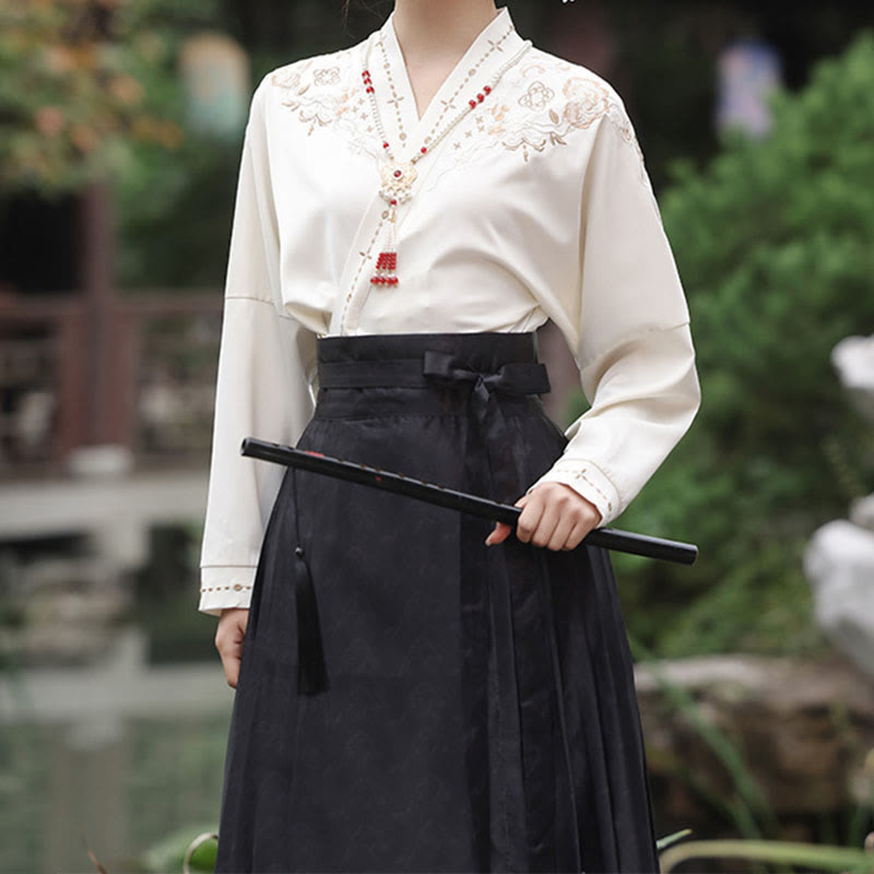 Elegant V-neck Long Sleeve Shirt Vintage Print Pleated Skirt modakawa