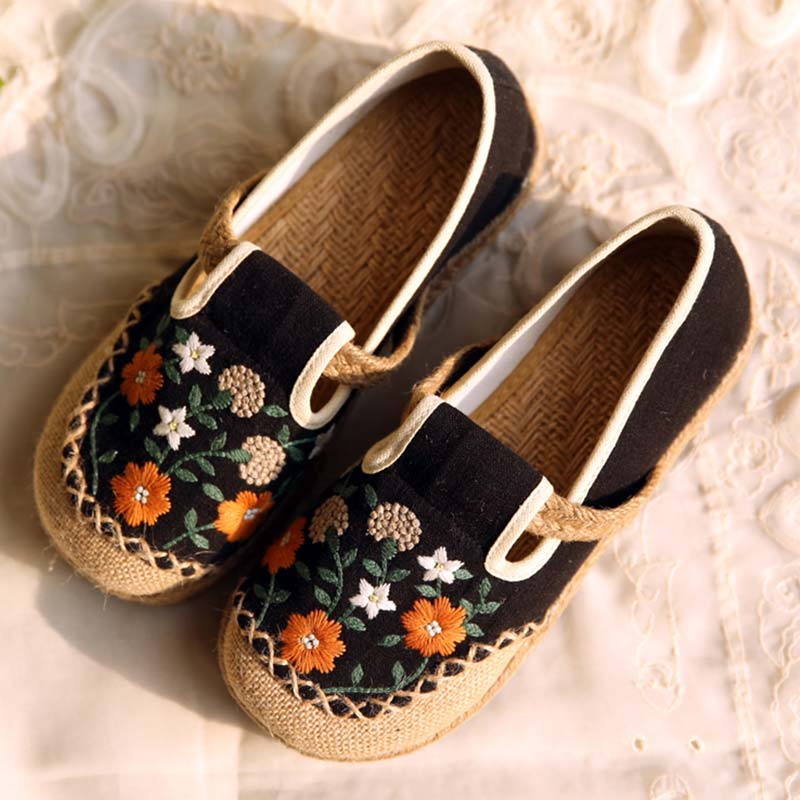 Vintage Floral Canvas Flats Shoes Modakawa