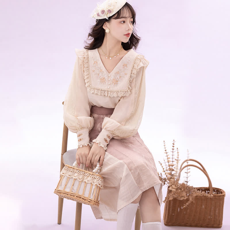 Elegant Embroidery Pink Shirt High Waist Split Pleated Skirt modakawa