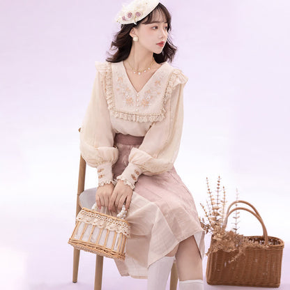 Elegant Embroidery Pink Shirt High Waist Split Pleated Skirt modakawa