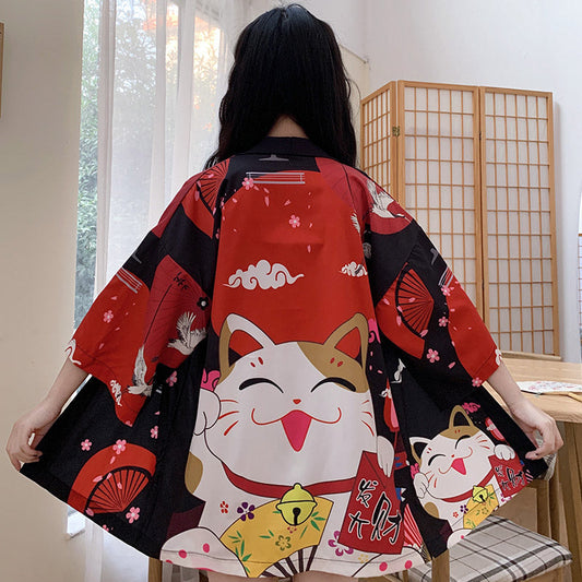 Red Anime Lucky Cat Cardigan Kimono Outerwear modakawa