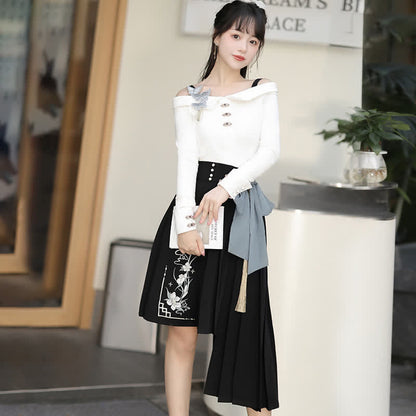 Sweet Embroidery Off The Shoulder Butterfly Shirt Irregualr Bow Pleated Skirt modakawa