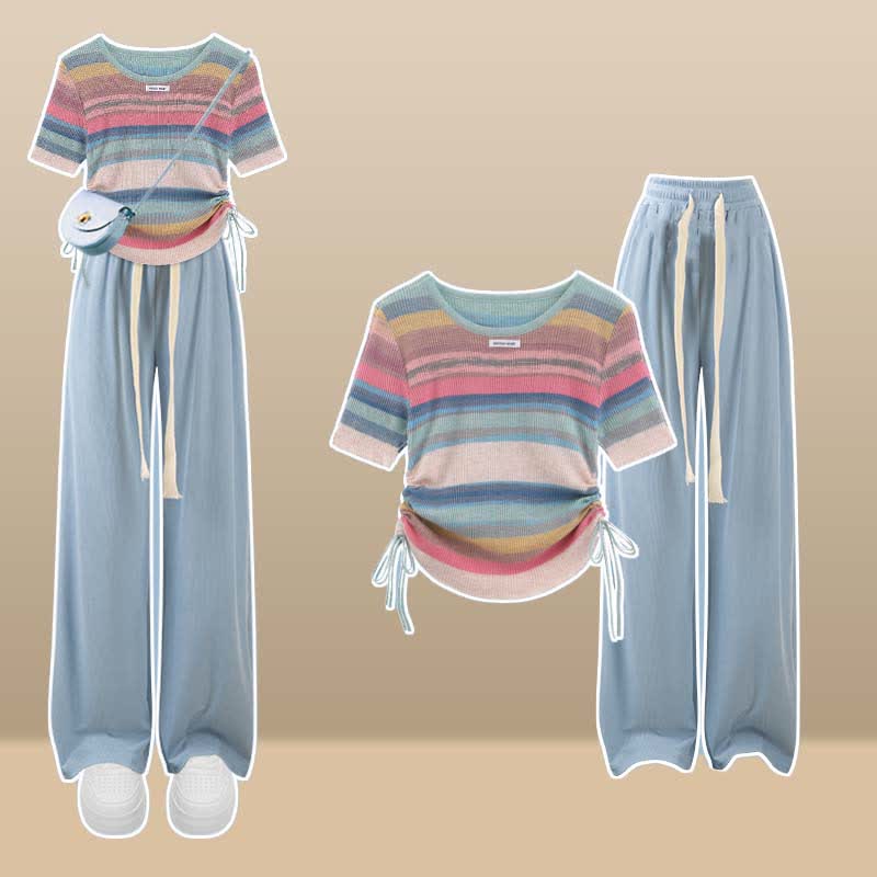 Rainbow Stripe T-Shirt Casual Draw String Shorts Pants modakawa