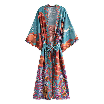 Boho Beach Moon Print Belt Robe Long Cardigan Kimono Outerwear modakawa