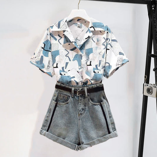 Vintage Print Casual Laple T-Shirt Pocketed Denim Shorts modakawa