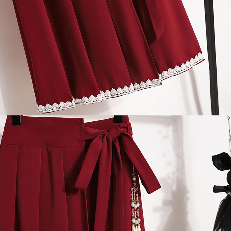 Red Flower Embroideried Hoodie High Waist Pleated Skirt Modakawa