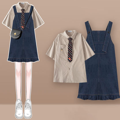 Pocket Lapel Tie T-Shirt Denim Overall Dress Set modakawa