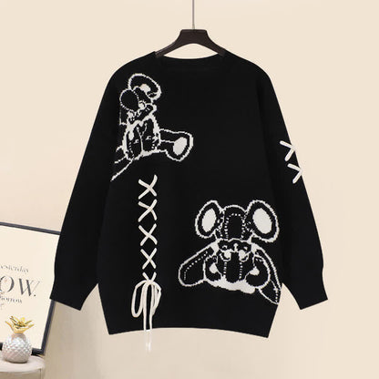 Cartoon Bear Lace Up Sweater Pleated Skirt Set modakawa