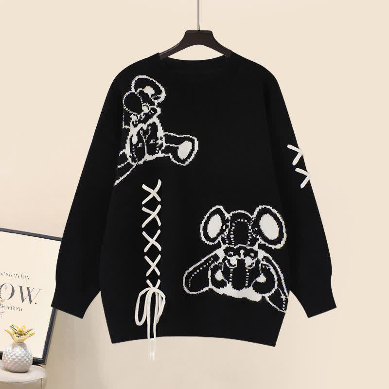 Cartoon Bear Lace Up Sweater Pleated Skirt Two Pieces Set modakawa