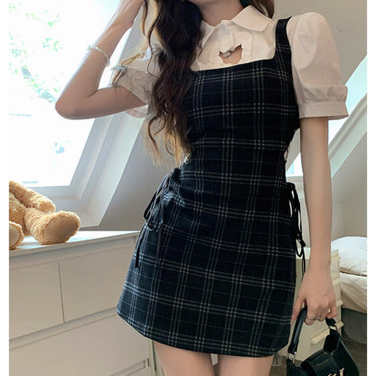 Love Heart Hollow Out T-Shirt Lace Up Plaid Dress Set Modakawa