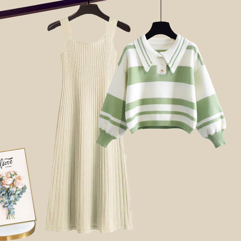 Stripe Green Colorblock Sweater Slip Dres Set modakawa