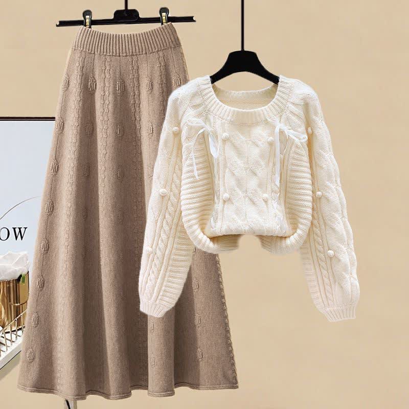 Pills Decor Cable Knit Sweater Skirt Set modakawa