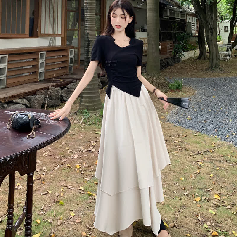 Elegant Buckle Irregular T-Shirt Layered Midi Skirt Set modakawa