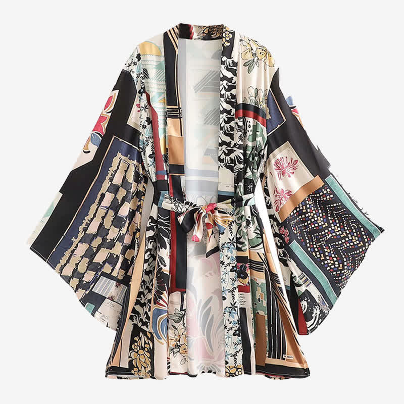 Colorblock Print Cardigan Kimono Outerwear Wide Leg Pants modakawa