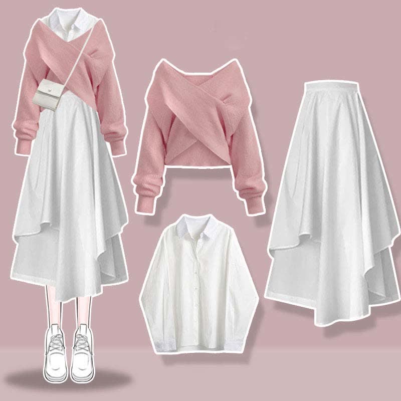 Sweet Cross Knit Sweater Lapel Shirt Irregular Skirt Set modakawa