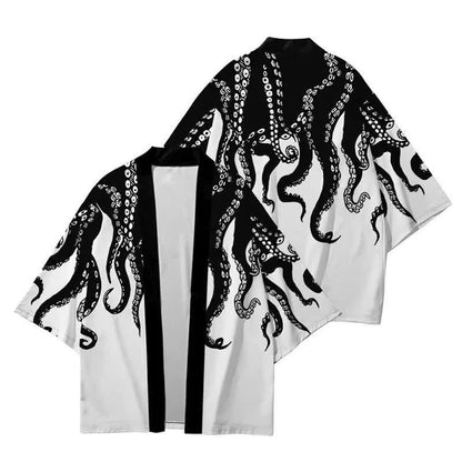 Colorblock Octopus Print Cardigan Kimono Outerwear modakawa