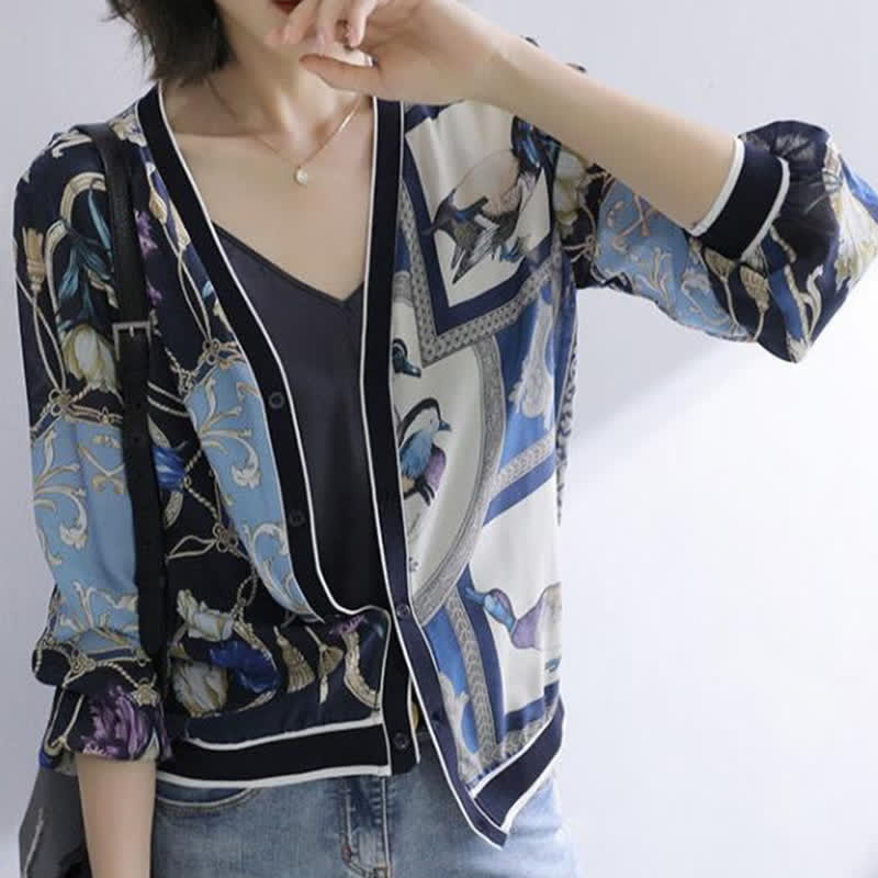 Retro Blue Bird Printed Shirt modakawa