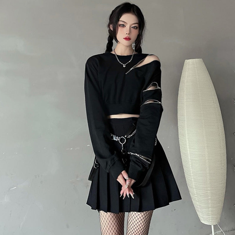 Y2K Zipper Short Sweatshirt Waistband Pleated Skirt Set Modakawa