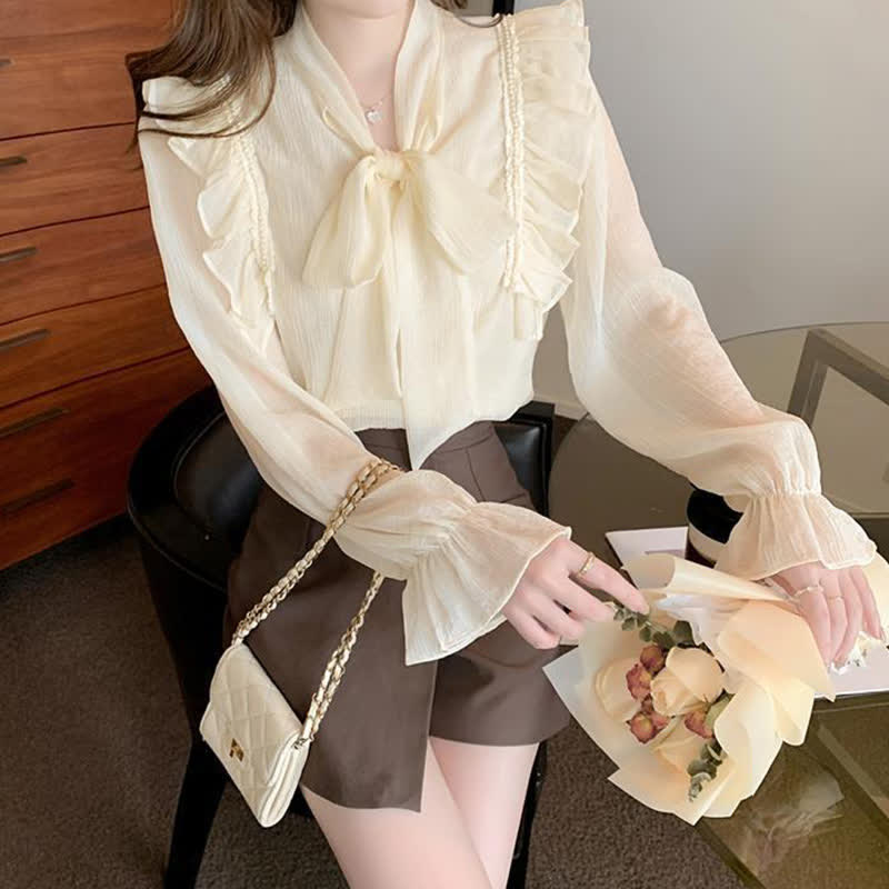 Elegant Bowknot Flouncing Chiffon Shirt modakawa