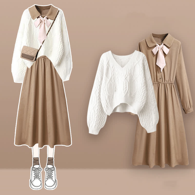 Elegant Cable Knit Sweater Lapel Long Sleeve Dress modakawa