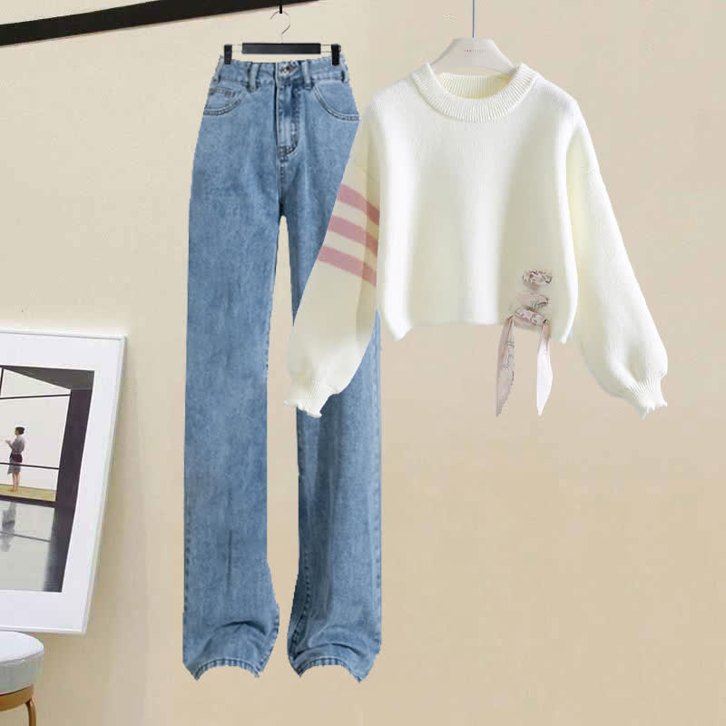 Sweet Stripe Sleeve Sweater Letter Casual Denim Pants modakawa