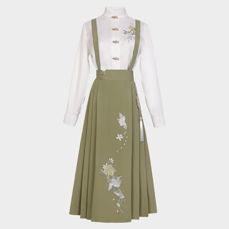 Buckle Floral Embroidery Green Dress Set modakawa