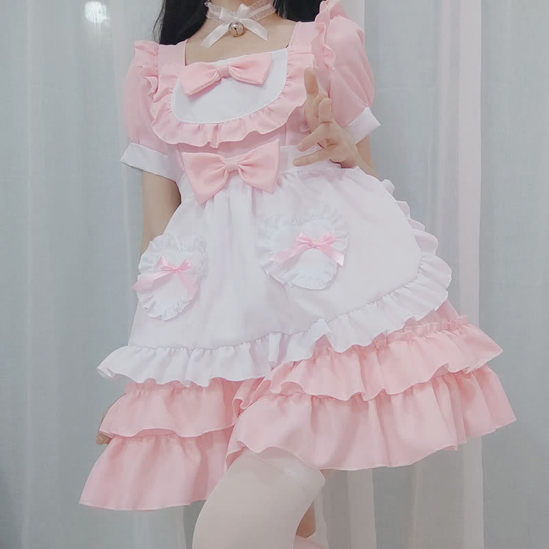 Pink Lolita Love Heart Bow Knot Ruffled Maid Dress Modakawa