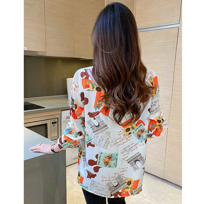 Chic Floral Letter Print Chiffon Shirt Workwear modakawa