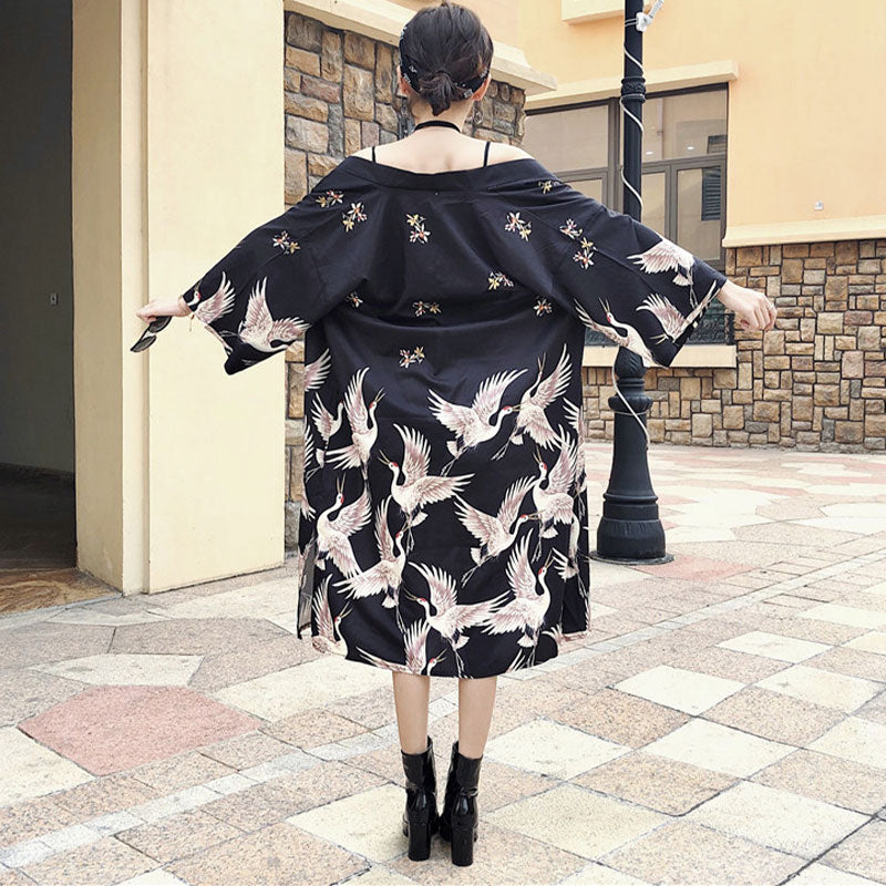 Vintage Black Crane Long Cardigan Kimono Outerwear modakawa