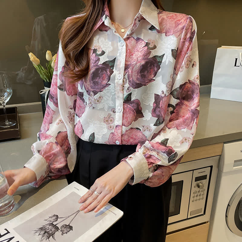 Pink Floral Embroidery Puff Sleeve Chiffon Shirt Workwear modakawa