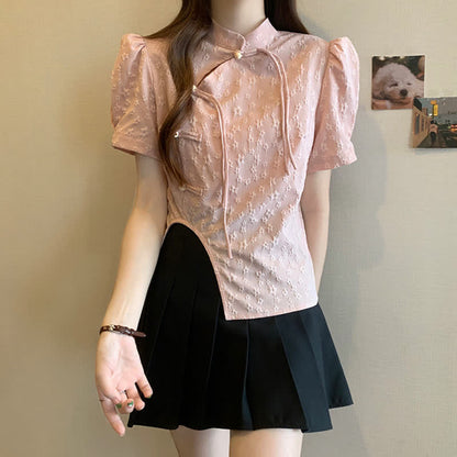 Classic Buckle Puff Sleeve Irregular Split T-Shirt modakawa