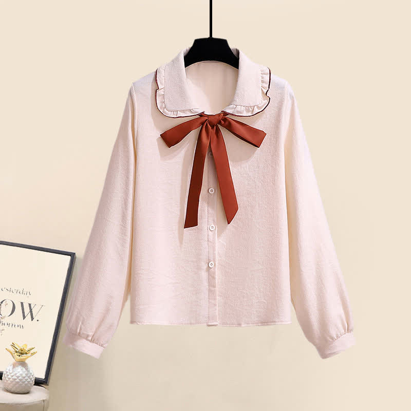 Sweet Cardigan Sweater Bow Tie Shirt Pleated Skirt Set modakawa