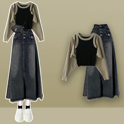 Chic Knitted Cardiagn Cami Top Denim Skirt modakawa