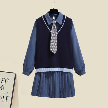 Preppy style Knit Vest Lapel Tie Pleated Shirt Dress Set modakawa