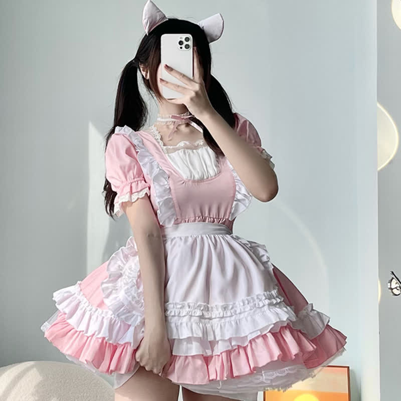 Sweet Cosplay Lace Ruffled Maid Lolita Dress Set Modakawa