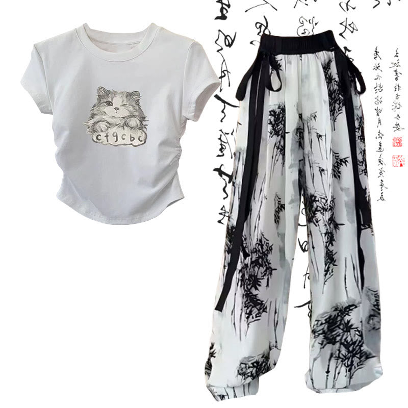 Cartoon Cat Print T-Shirt Wash Painting Print Loose Pants modakawa