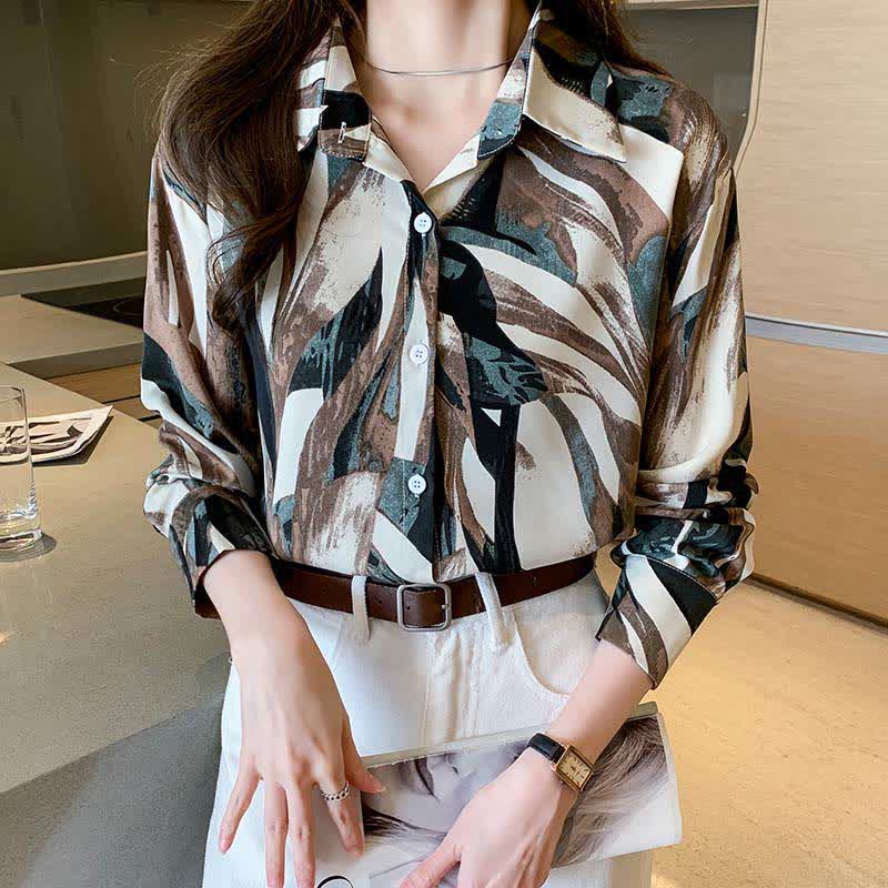 Elegant Colorblock Lapel Long Sleeve Chiffon Shirt modakawa