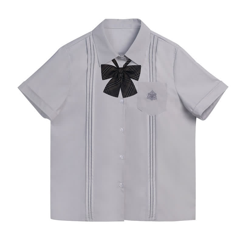 Embroidered Pocket Bow Tie Polo T-Shirt Plaid Pleated Skirt Uniform Set modakawa