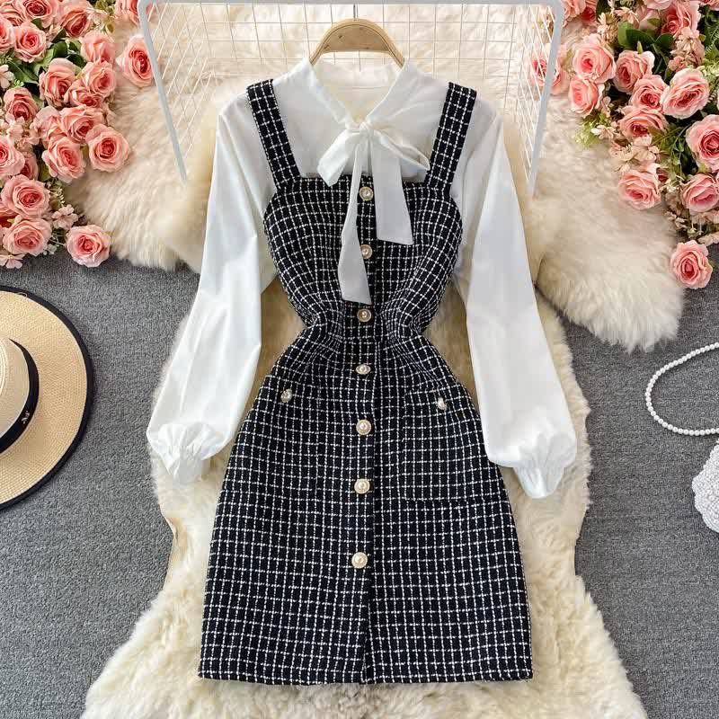 Elegant Plaid Slip Dress Lace Up Shirt Set modakawa