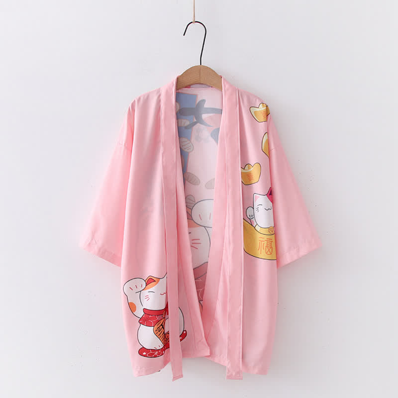 Lucky Cat Letter Print Cardigan Kimono Outerwear modakawa