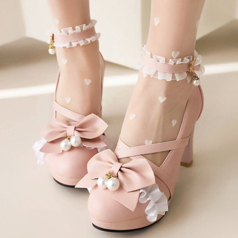 Sweet Bow Decor Lace Chunk Heel Sandals modakawa