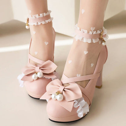 Sweet Bow Decor Lace Chunk Heel Sandals modakawa