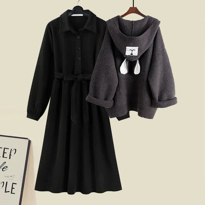 Bear Ears Hooded Cardigan Sweater Belted Lapel Dress modakawa