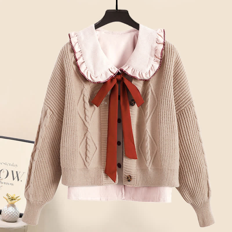 Sweet Cardigan Sweater Bow Tie Shirt Pleated Skirt Set modakawa