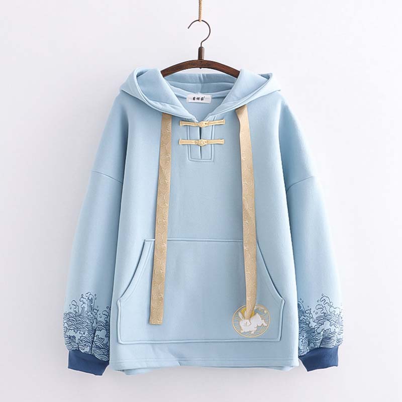 Casual Rabbit Embroidery Wave Print Hoodie modakawa