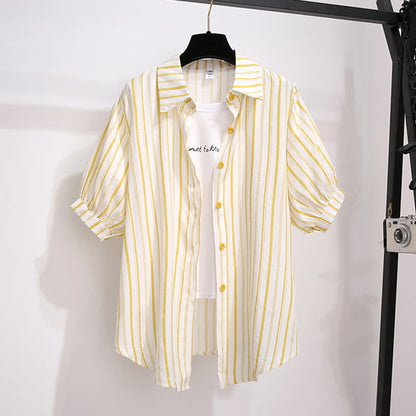 Fake Two Pieces Stripe Lapel T-Shirt Pocketed Denim Shorts modakawa