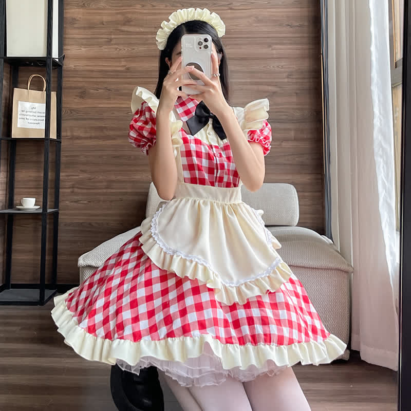 Sweet Bow Knot Ruffled Plaid Maid Dress Modakawa