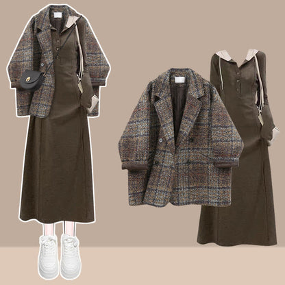 Chic Plaid Print Blazer Coat Hooded Midi Dress modakawa