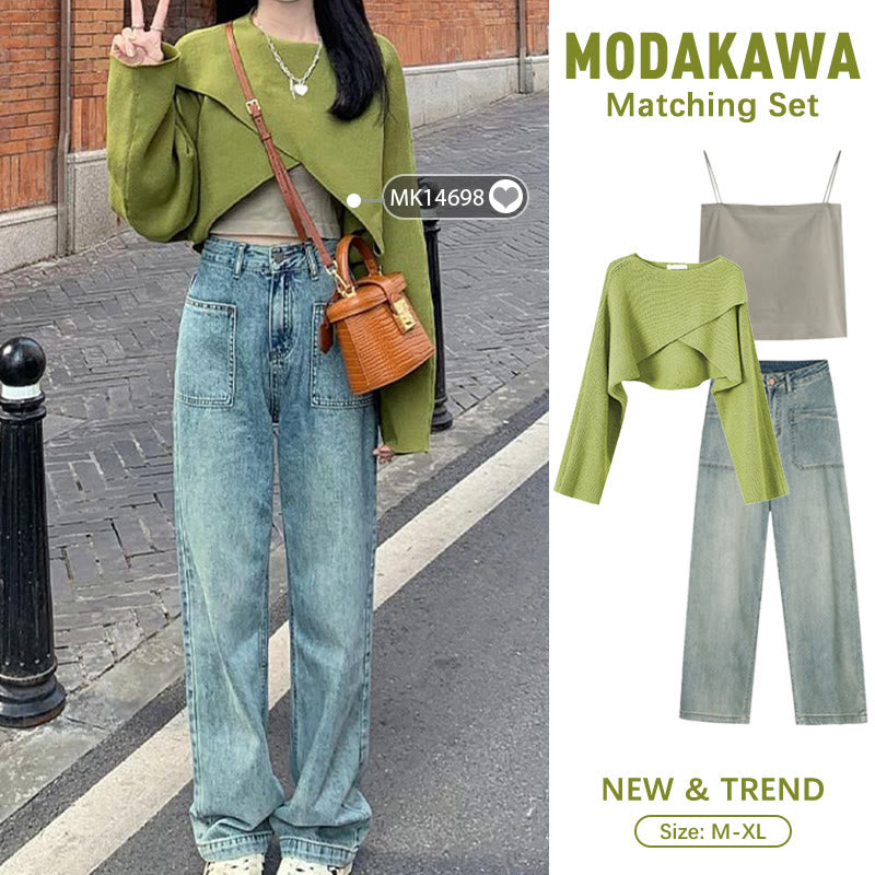 Green Cross Knit Crop Sweater Cami Pocketed Denim Pants modakawa